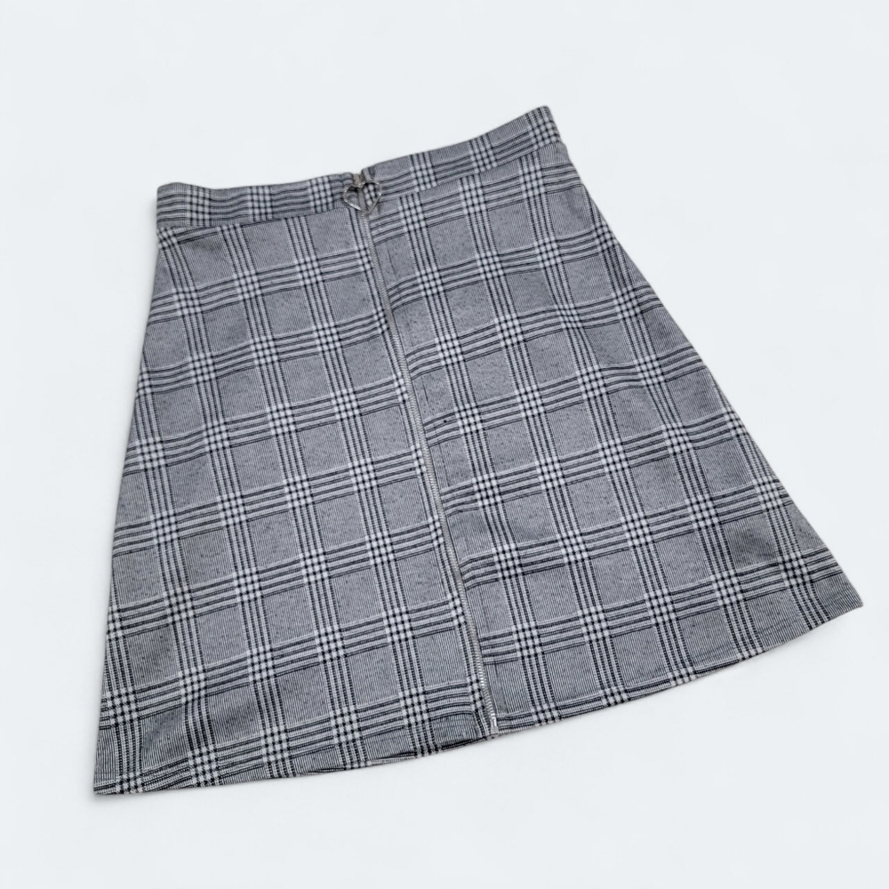 Blue Blush Grey Plaid Zip Front Mini Skirt - Size Small Heart Zipper Pull